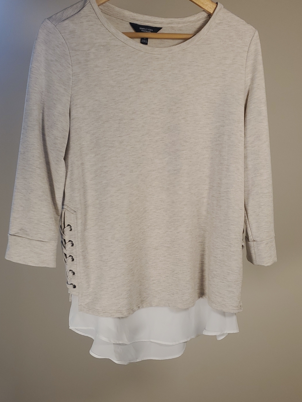 Simply Vera Vera Wang Beige Layered Long-Sleeve Top with Lace-Up Side